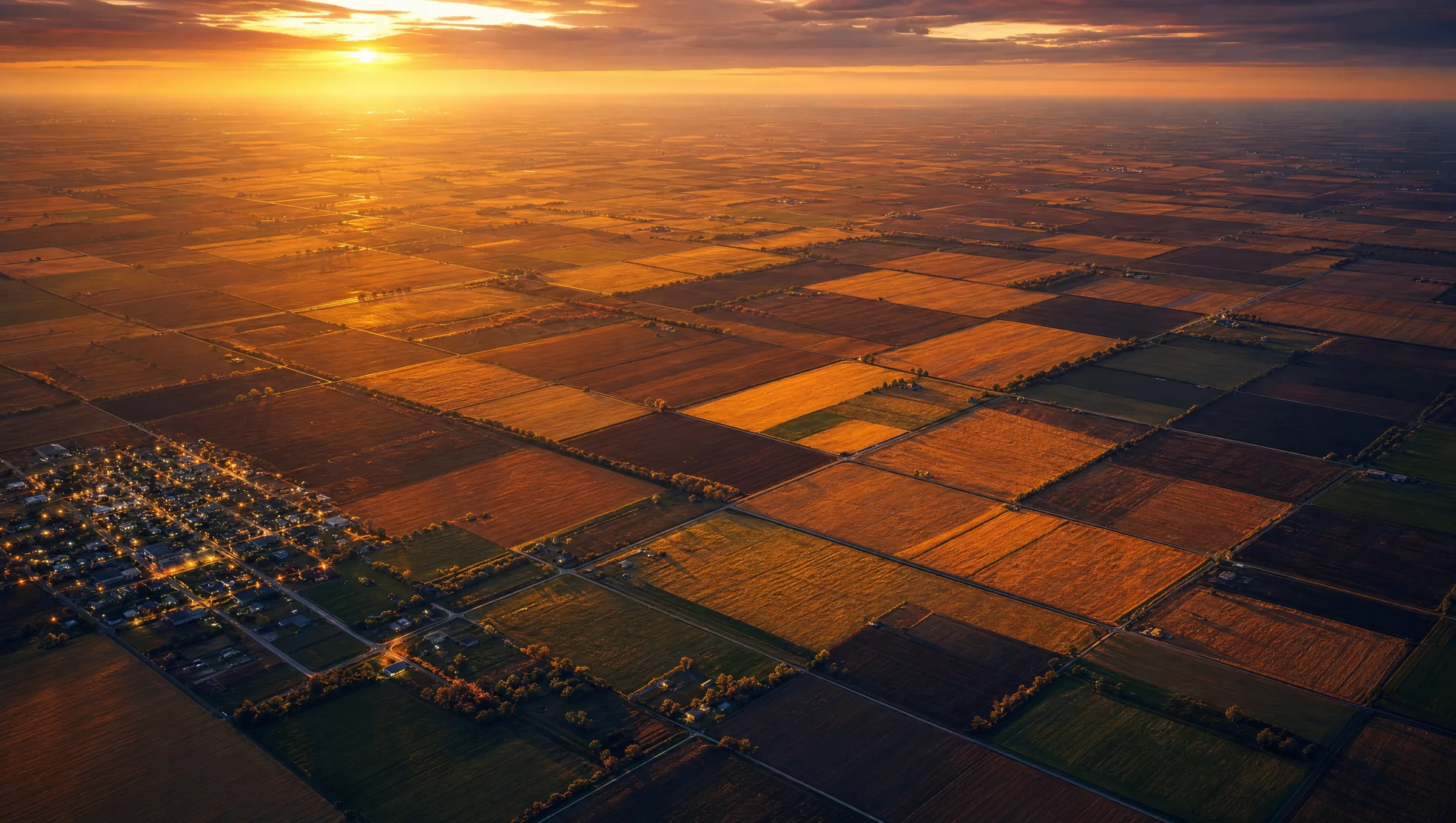 An aerial at sundown: fields and section roads cut the land into parcels, one small town lit at the lower left
