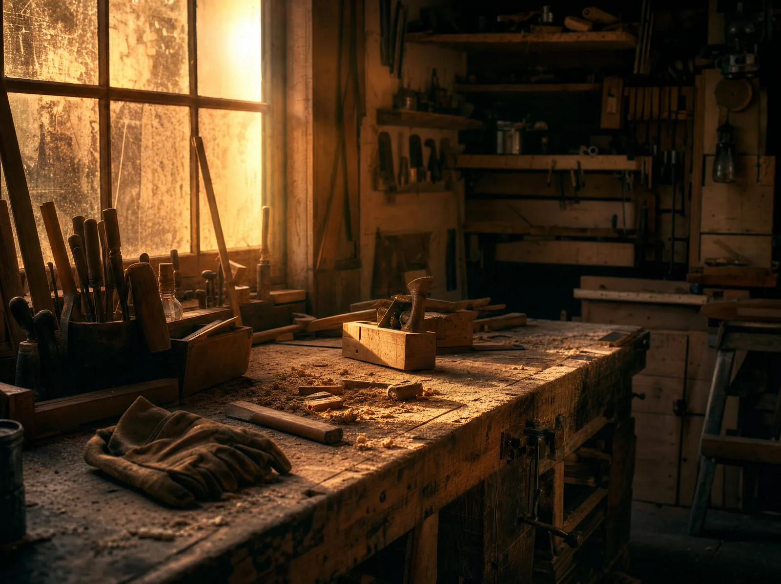 A worn carpenter's bench at first light, hand tools and gloves laid out