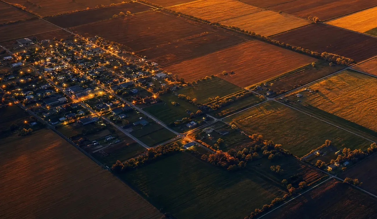 A small town at dusk from the air, its lights on among the fields
