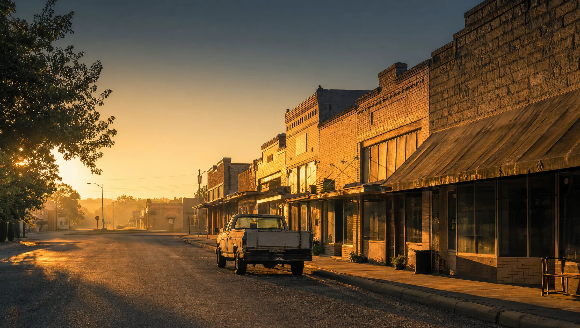 A row of storefronts at first light, a work truck parked at the kerb