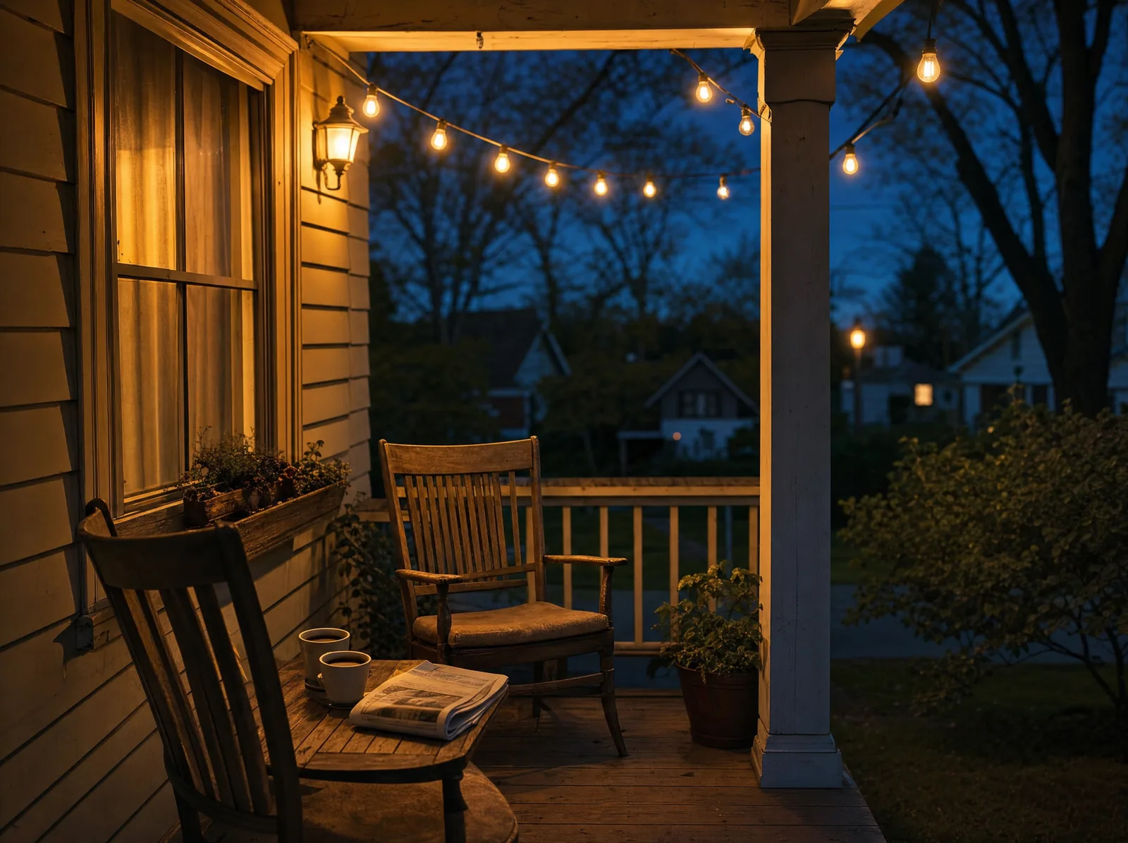 A porch at dusk, string lights on, two chairs pulled up