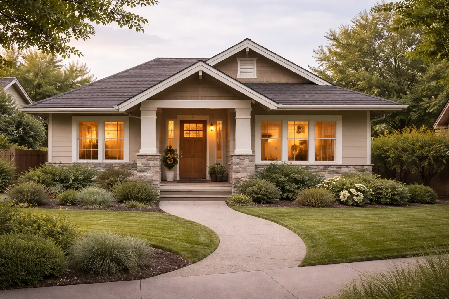 A single-storey house on its own lot, the lights on inside
